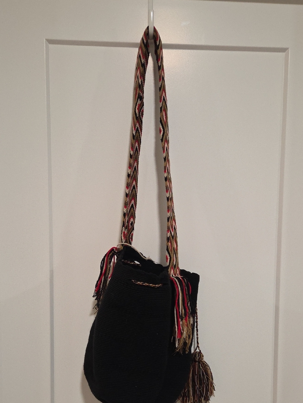 Handwoven Black Shoulder Bag with Multicolor Strap